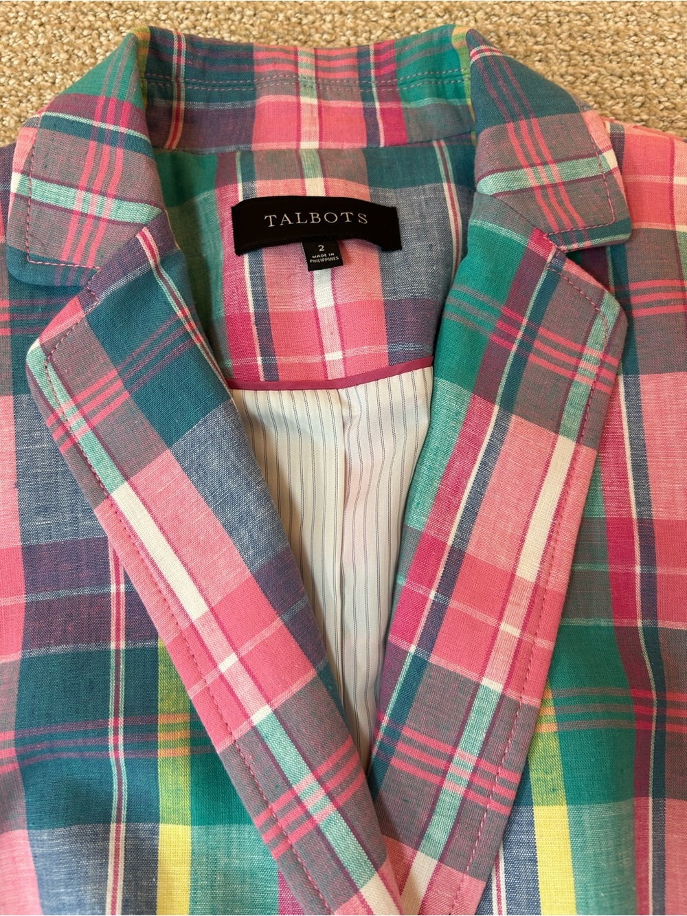 Talbots Pink and Blue Madras Plaid Blazer Size 2 Linen Cotton Blend